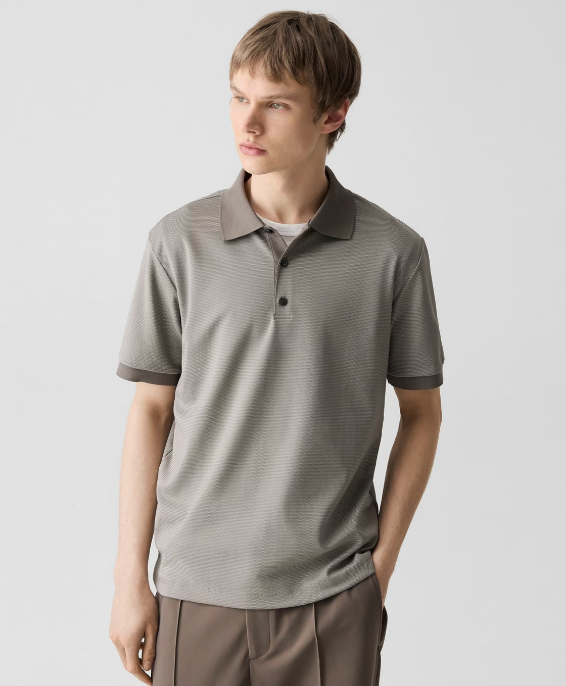 Theory men's short-sleeve polo shirt in geometric jacquard pattern with collar and button placket