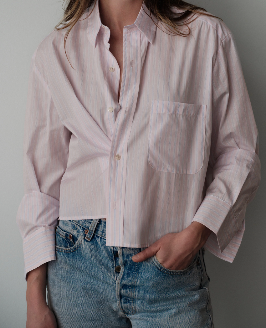Cissa oversized striped button-up shirt with chest pocket paired with light wash denim jeans