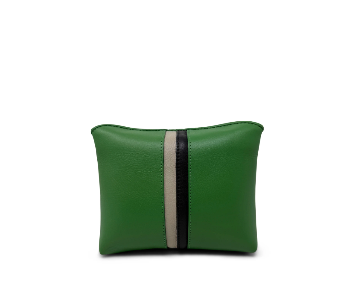 Green leather fold pouch with beige and black stripe detail down the center front