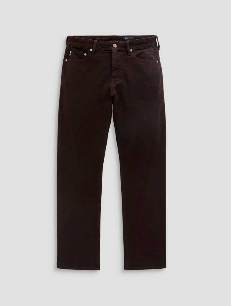 AG Everett straight-leg dark brown pants with five-pocket styling and silver button hardware, laid flat.