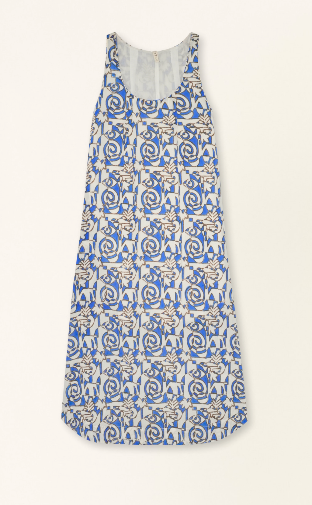 Blue and white patterned sleeveless midi dress with geometric floral print