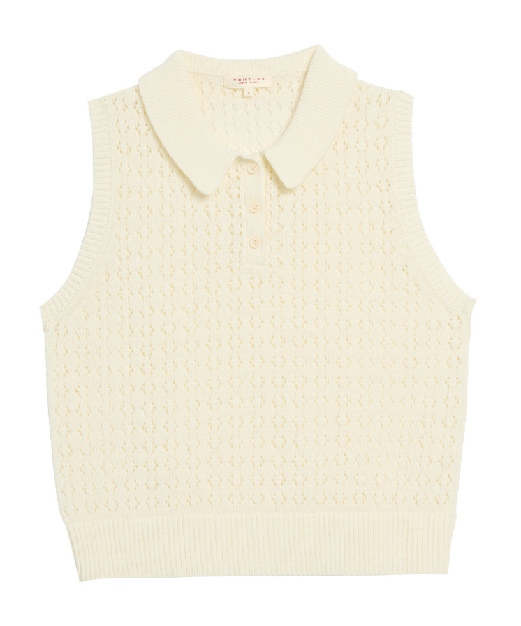 Demylee Cindy crochet cotton linen polo vest top in off white with collar and buttons