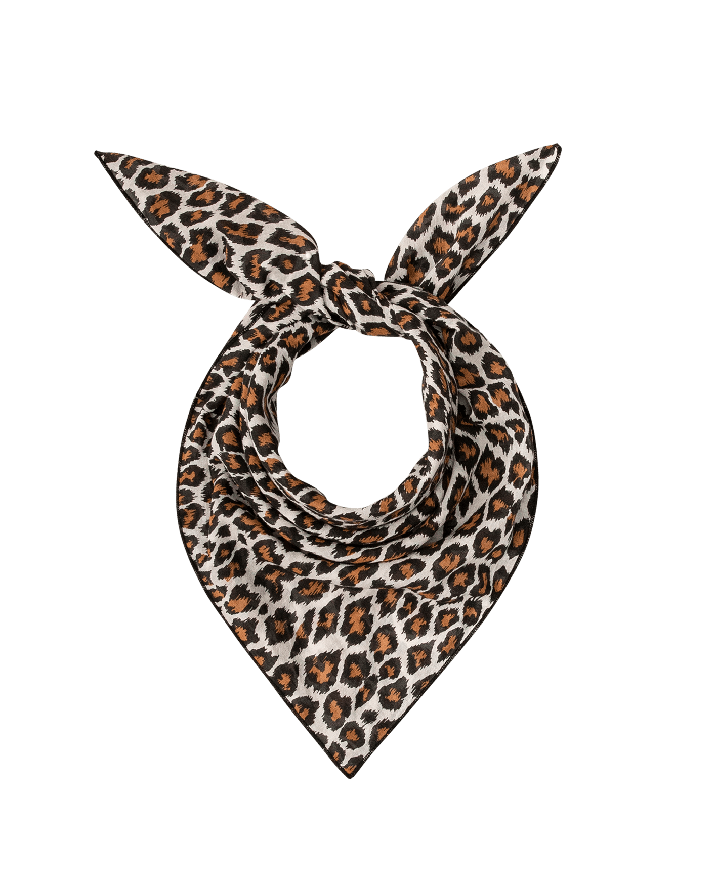 Leopard print bandana tied in a knot with two pointed ends on white background