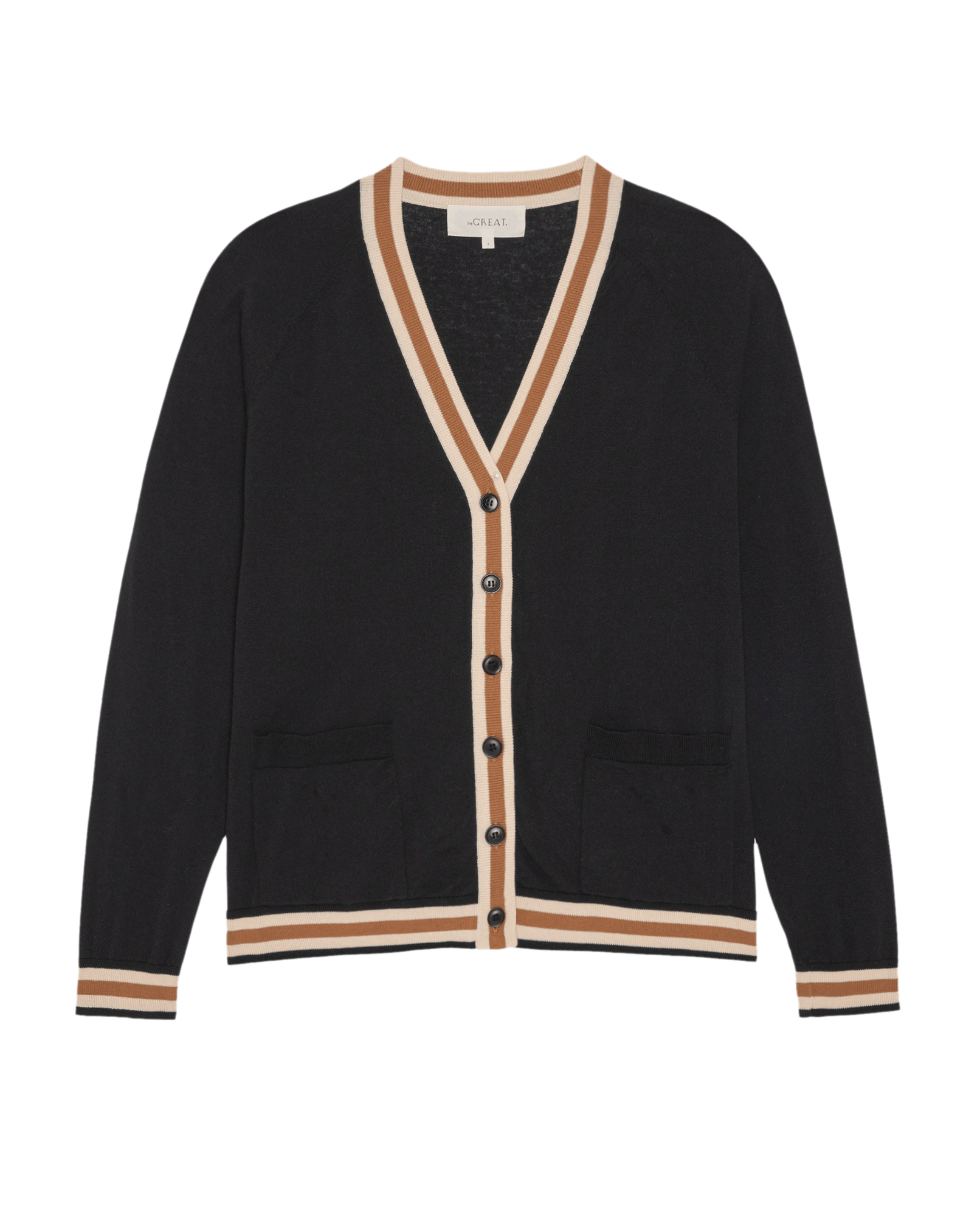 The GREAT Bowery Cardigan in black with contrast camel and cream stripe trim