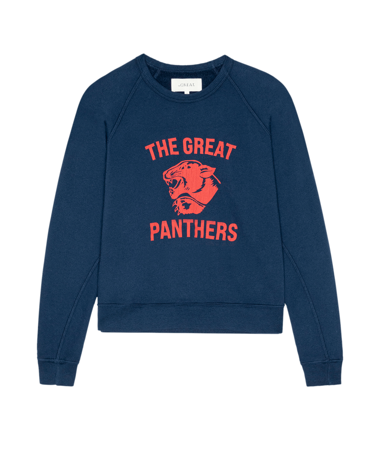 Navy blue crewneck sweatshirt with red 'The Great Panthers' graphic and growling panther illustration