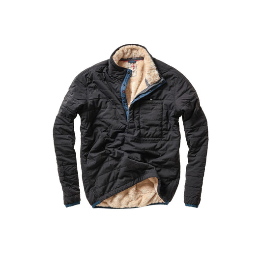Black quilted popover jacket with sherpa fleece lining and snap collar