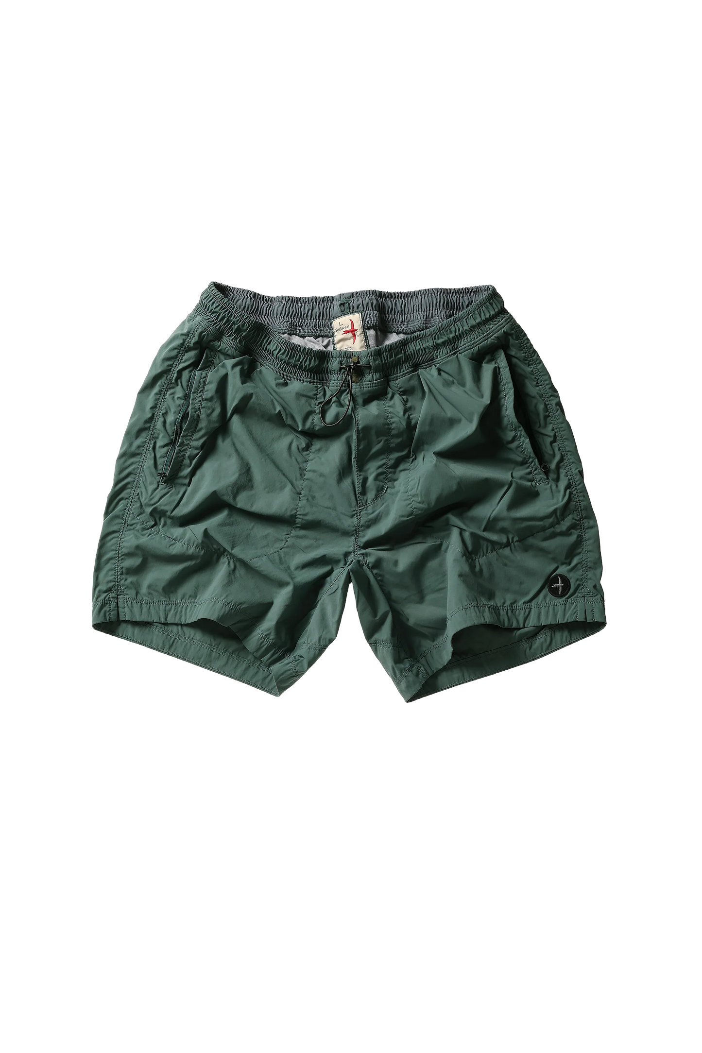 Green athletic shorts with elastic waistband and drawstring, featuring side pockets and a logo patch.