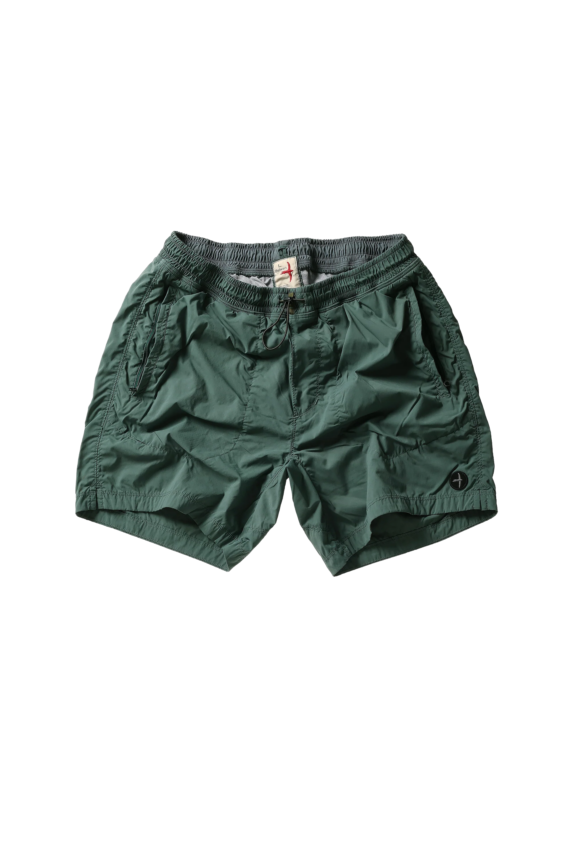 Green athletic shorts with elastic waistband and drawstring, featuring side pockets and a logo patch.