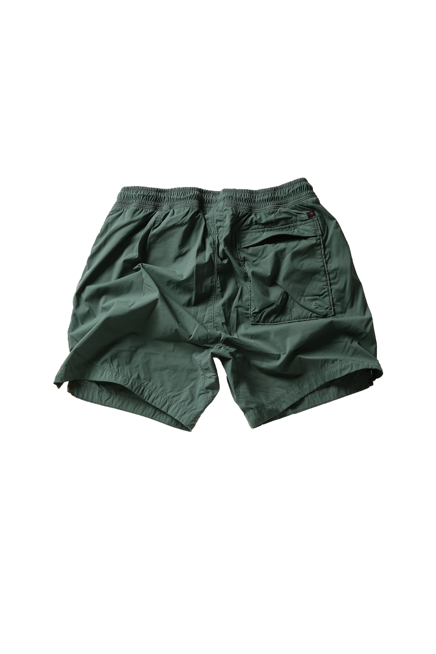 Dark green Relwen Airtex Hybrid shorts with elastic waistband and zippered back pocket, laid flat on white background.