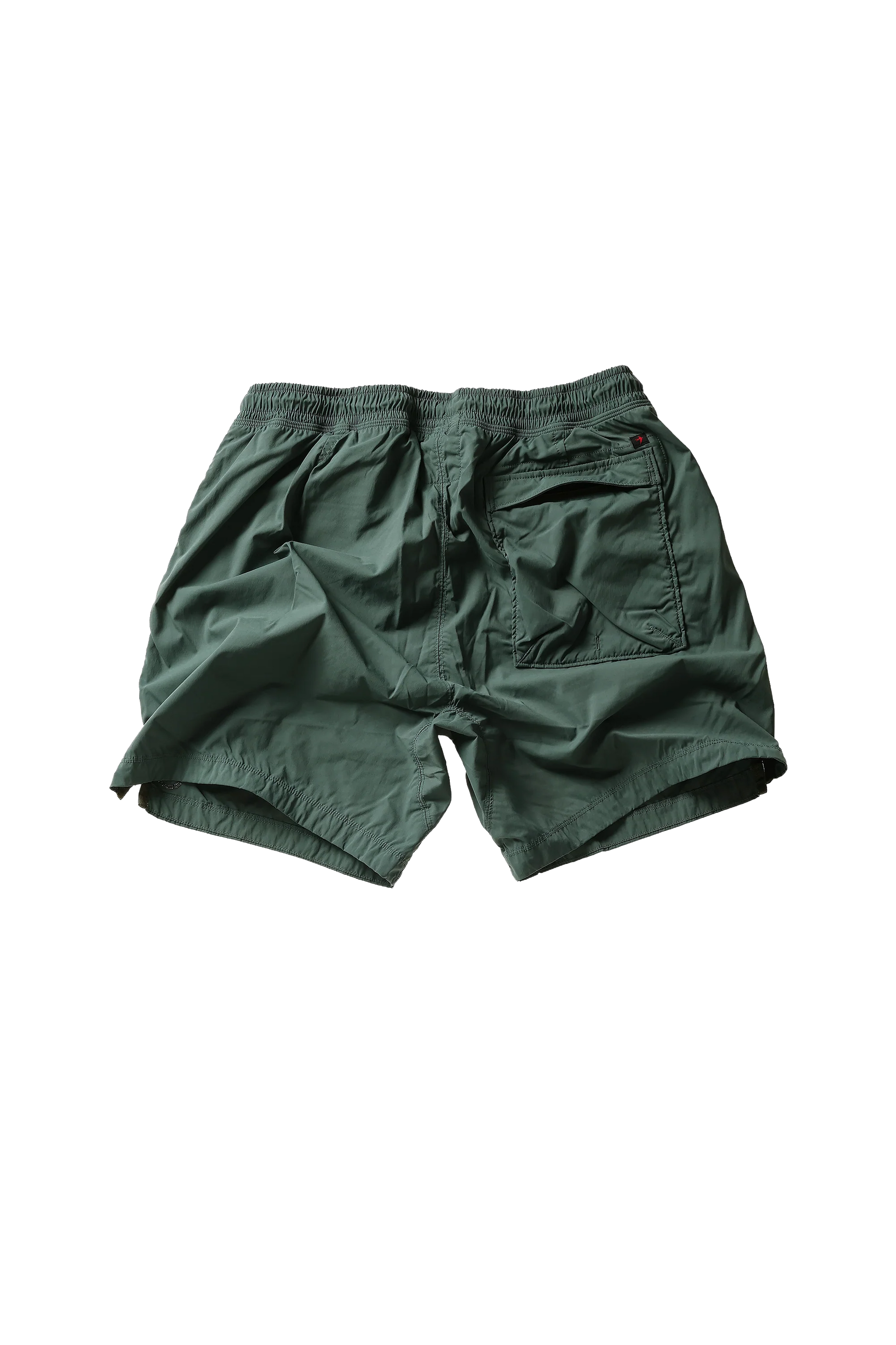 Dark green Relwen Airtex Hybrid shorts with elastic waistband and zippered back pocket, laid flat on white background.