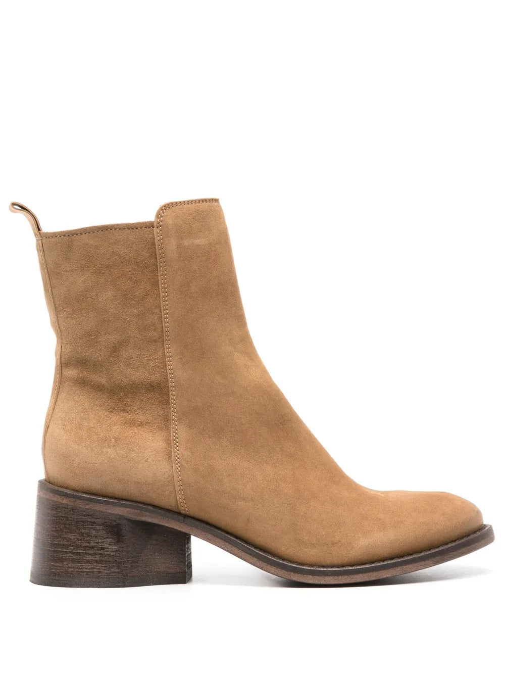 Moma Agnes tan suede ankle boot with block heel and side zipper closure