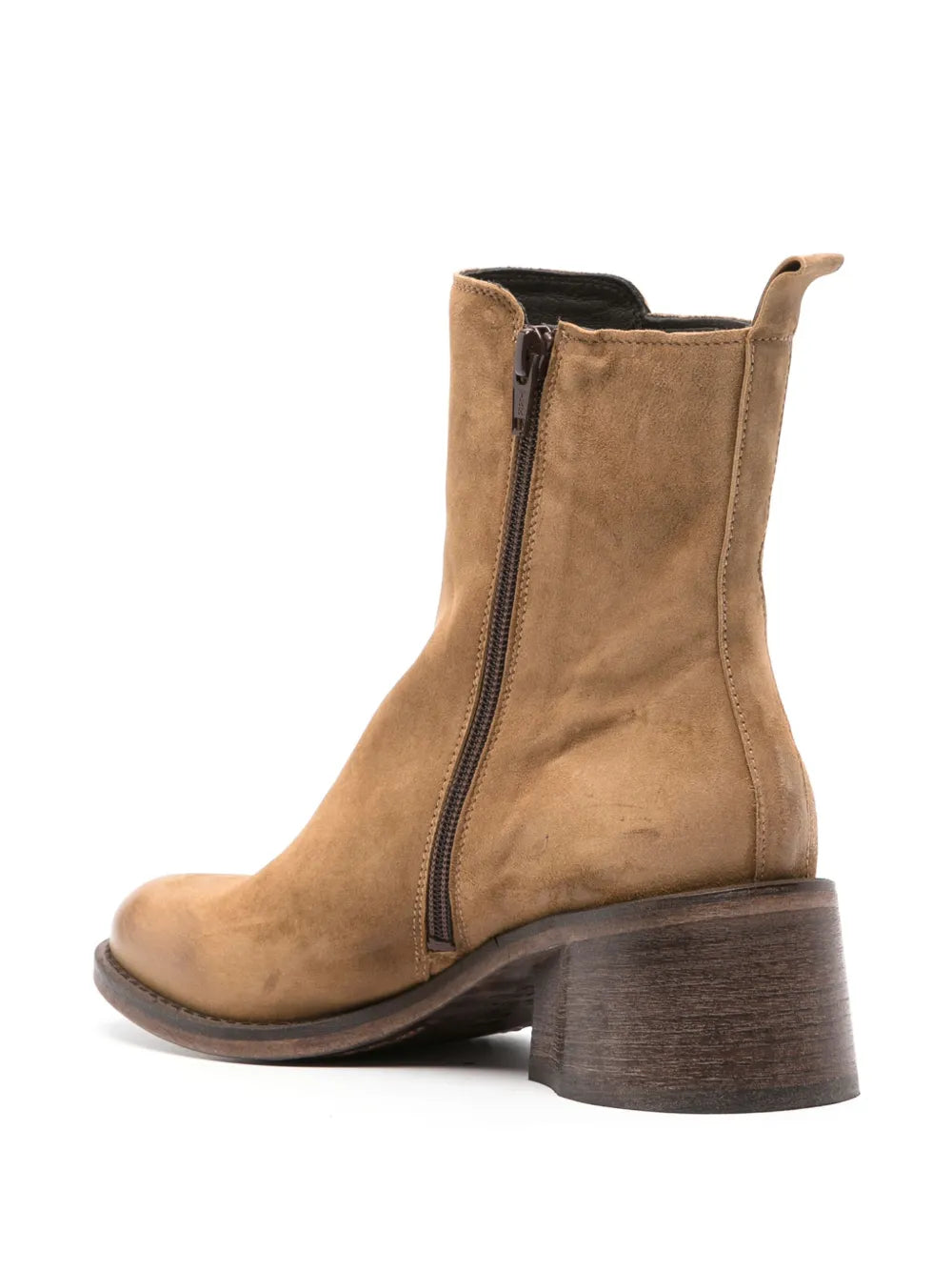 Moma Agnes tan suede ankle boot with side zipper and wooden block heel on white background
