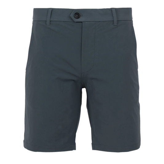 Greyson men's golf shorts in dark grey with button closure and belt loops, 8-inch inseam length.