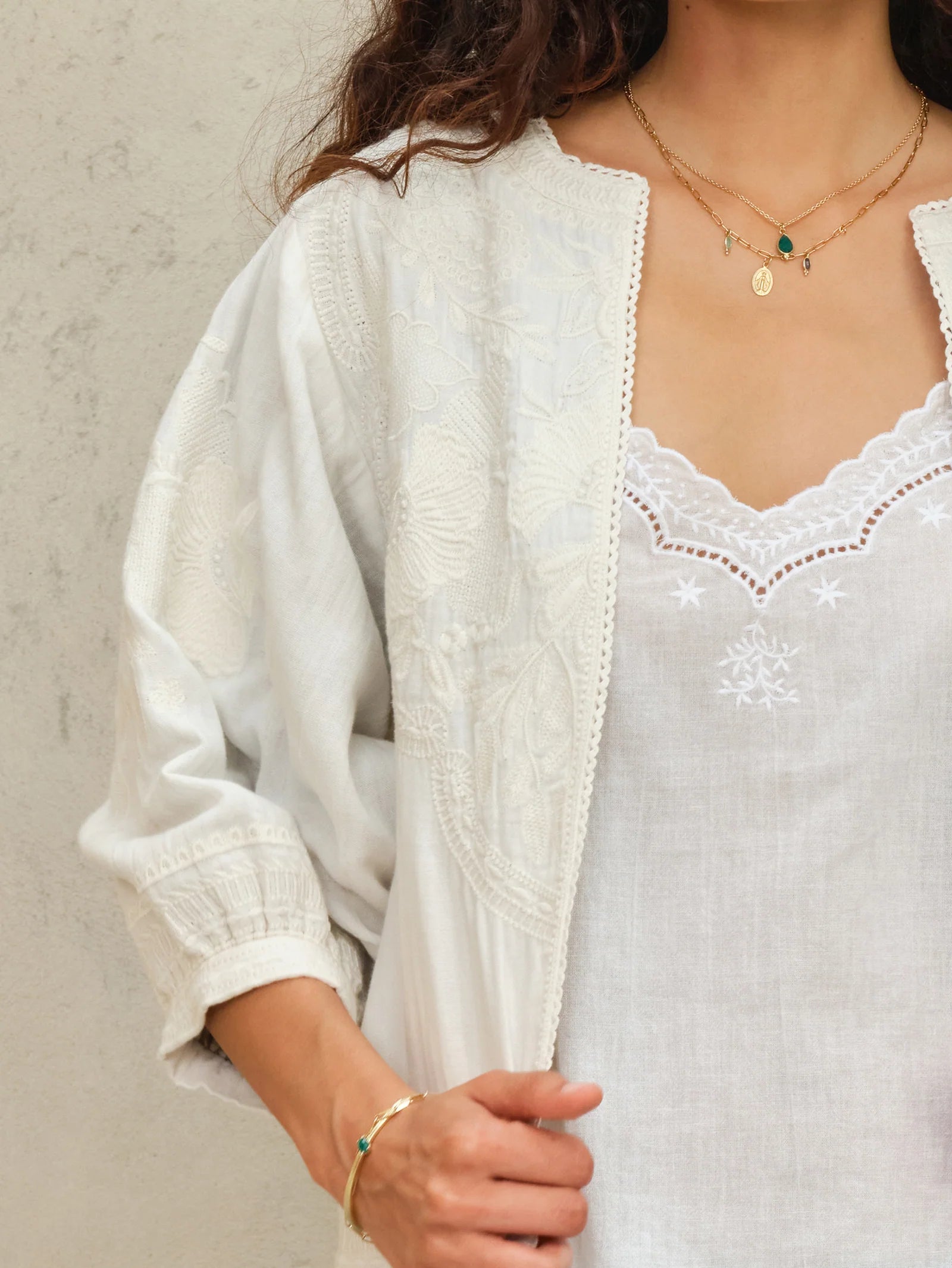 MABE Averi white embroidered jacket with intricate lace detailing and long sleeves worn over white top