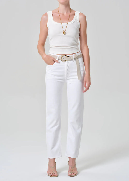 Citizens of Humanity Blaine high-waisted straight leg jeans in white denim with belt loops and pockets