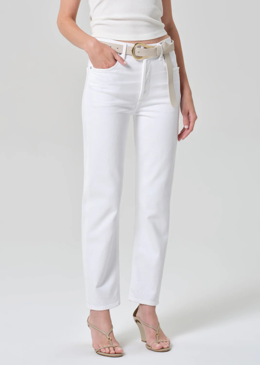 Citizens of Humanity Blaine high-waisted straight leg jeans in white with belt and heeled sandals