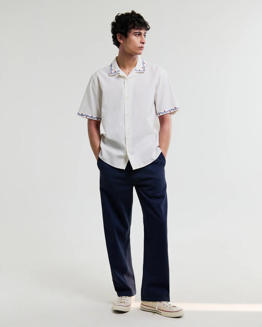 Wax London Didcot SS Shirt Cross Stitich Border Ecru