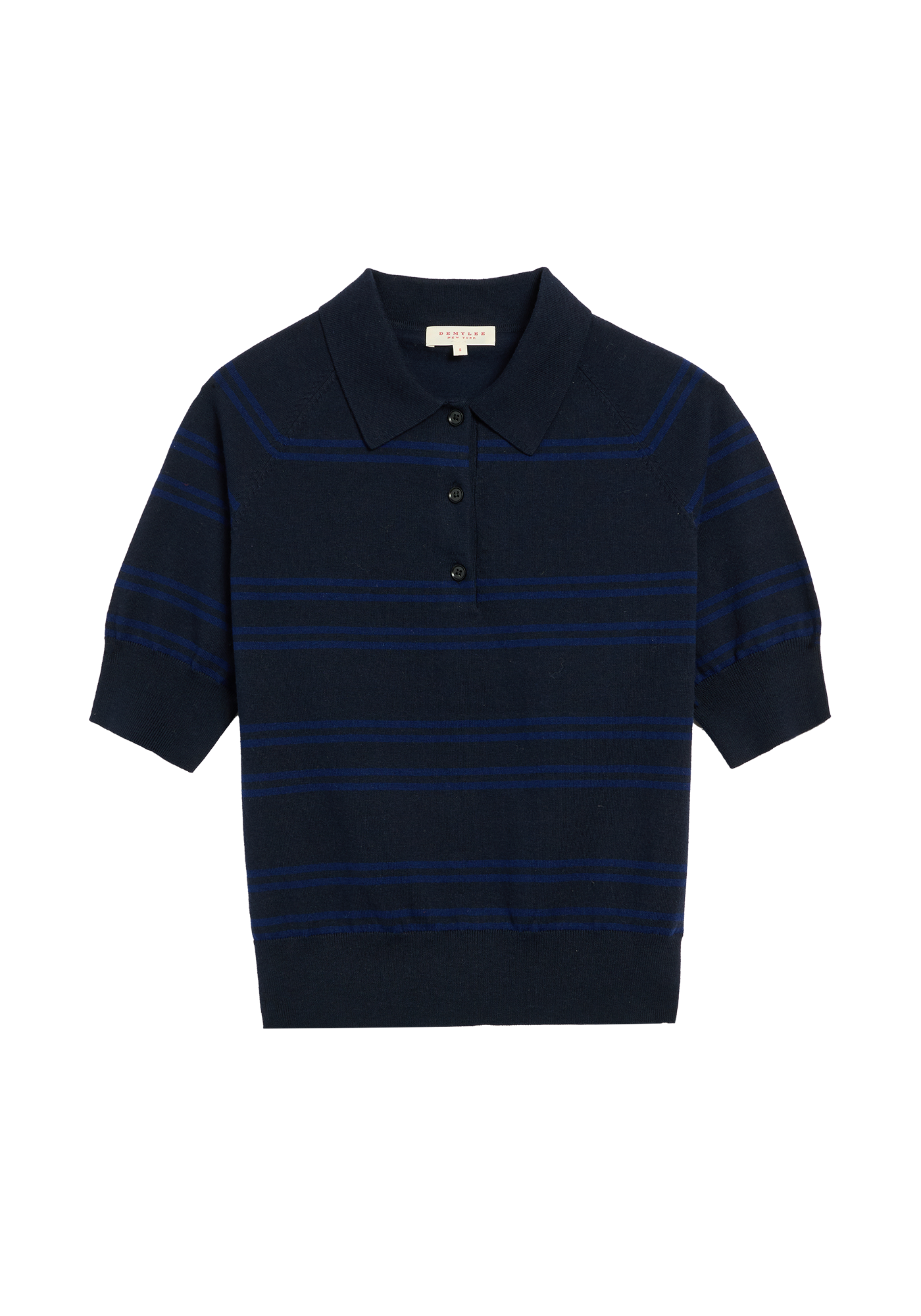 Demylee navy knit polo top with blue horizontal stripes and short sleeves
