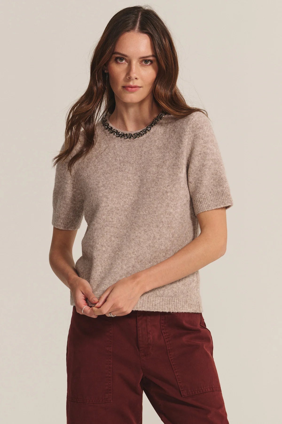 Velvet Briana SS Sweater w/ Jewel Collar Oatmeal