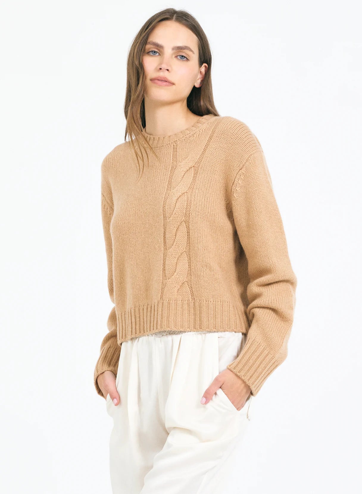 One Grey Day Levanzo Cashmere Cable Crew Chestnut