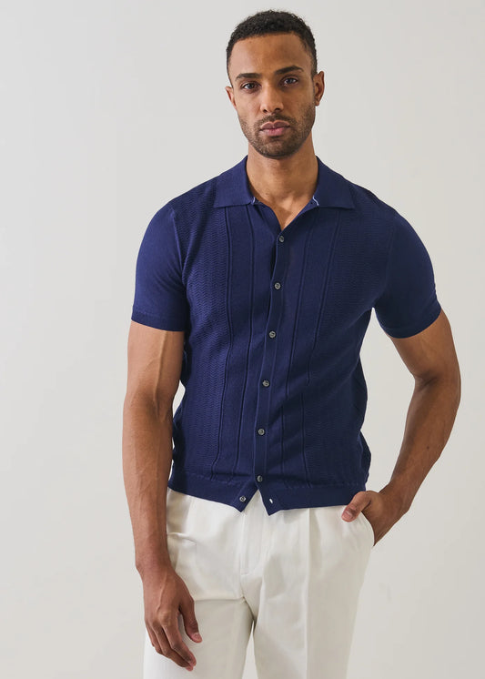 Patrick Assaraf SS Cot/Cash Textured Full Btn Polo Navy