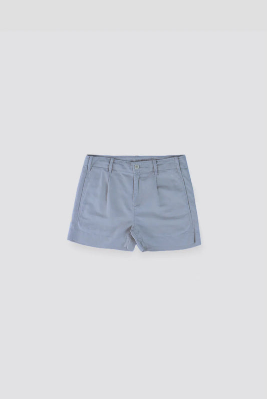 G1 High Tide chambray blue high-waisted shorts with button closure and pleated front detail.