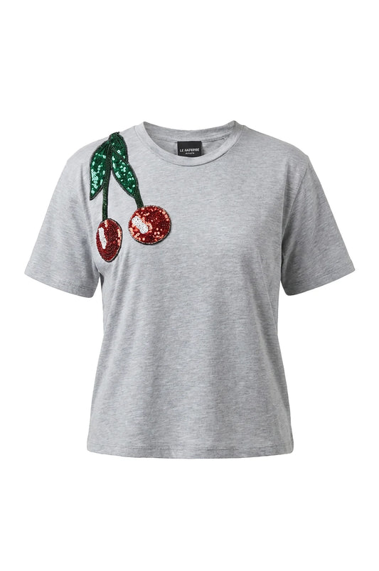 Le Superbe grey heather t-shirt featuring sequined cherry applique with red fruit and green leaves on shoulder