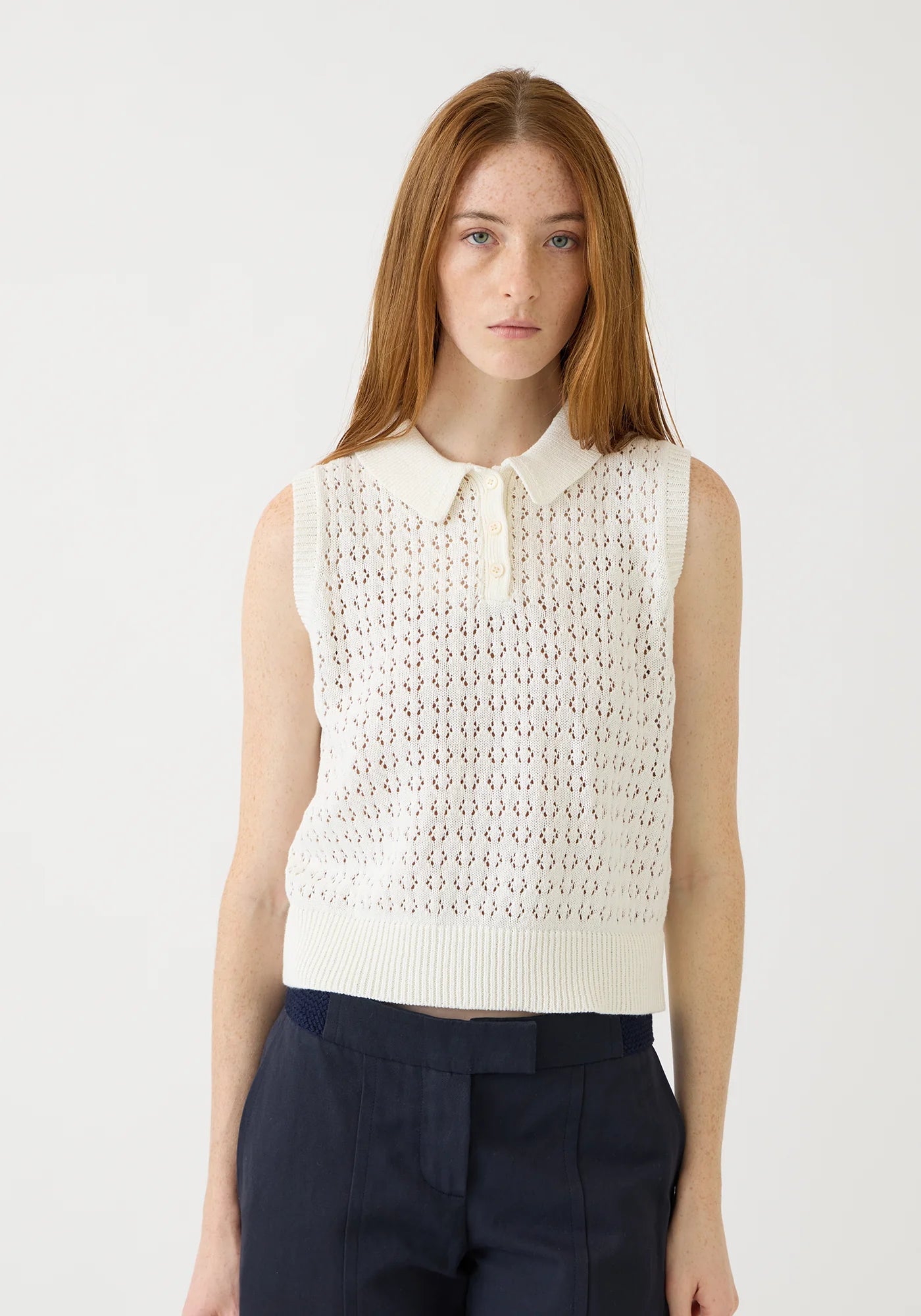 Demylee Cindy Crochet Cotton Linen Polo Top Off White