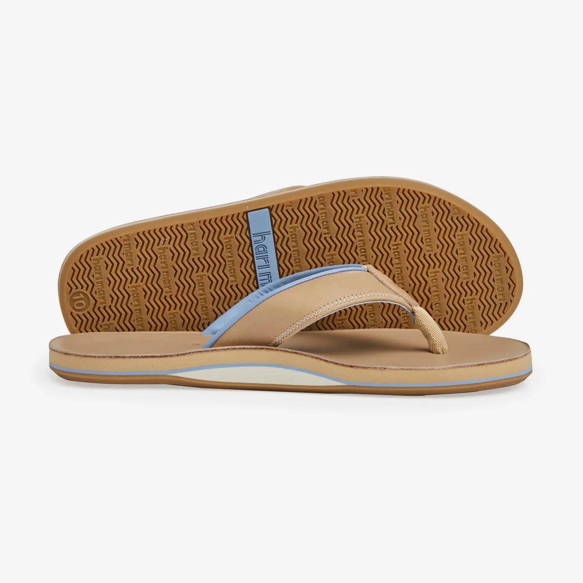 Hari Mari sand-colored flip-flop sandals with blue accent trim and textured rubber sole, shown from side view