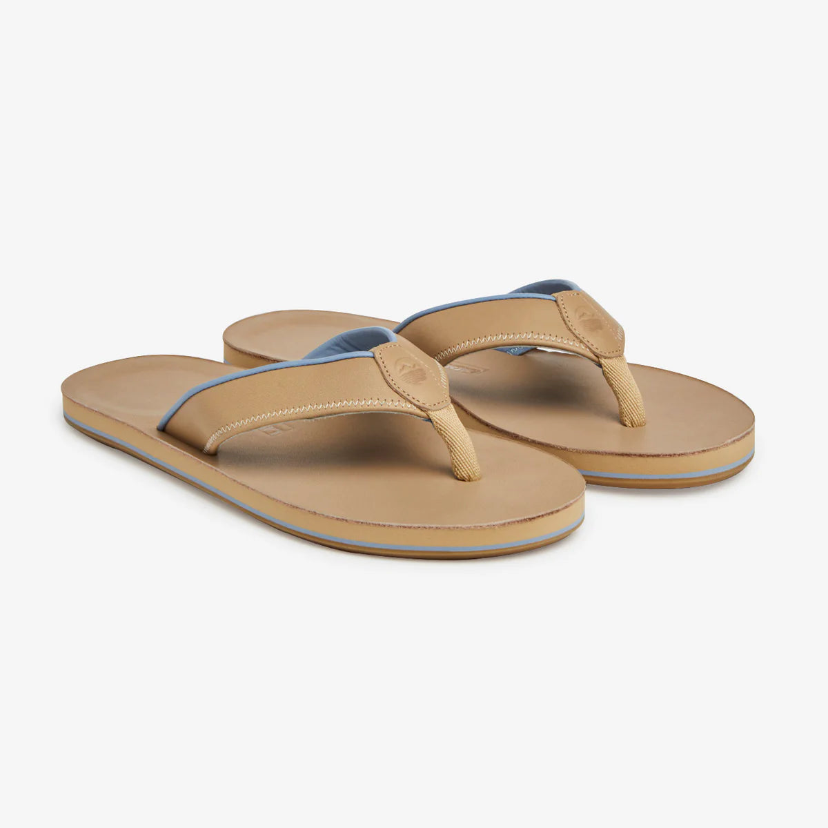 Hari Mari The Clipper Sand leather flip-flops with tan straps and blue accent trim on sole