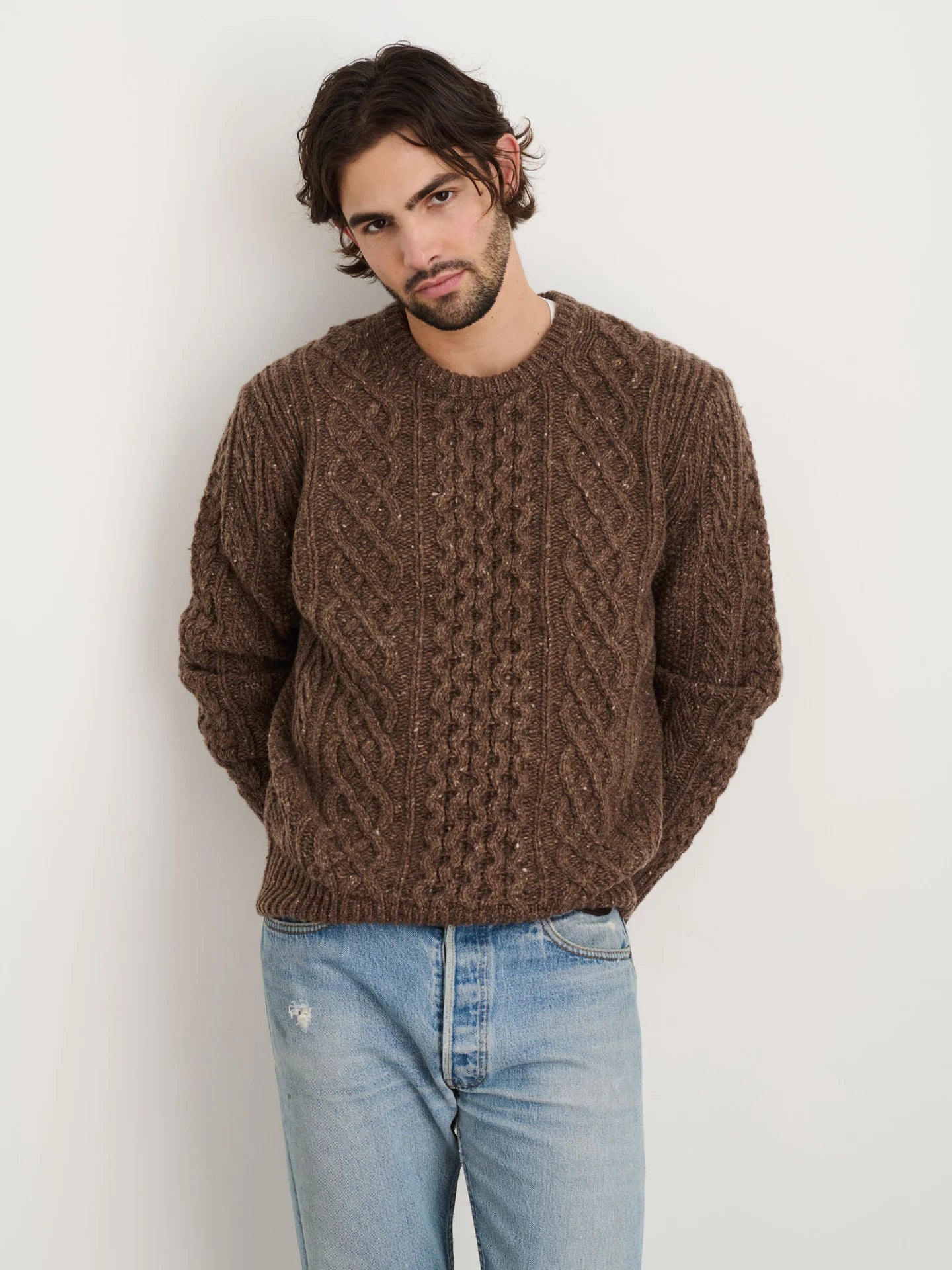 Alex Mill Fisherman Cable Crewneck in Coffee Donegal Wool