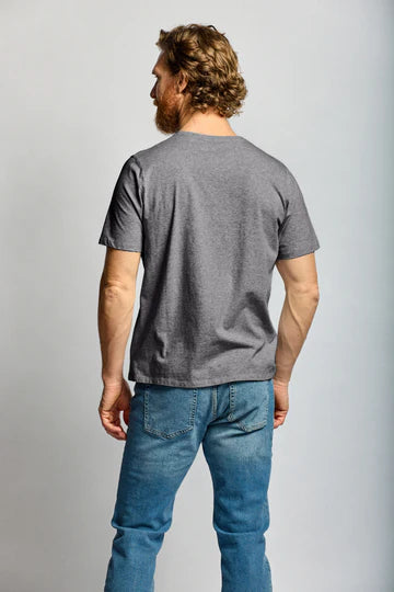 Easy Mondays charcoal crew neck t-shirt shown from back on male model wearing jeans