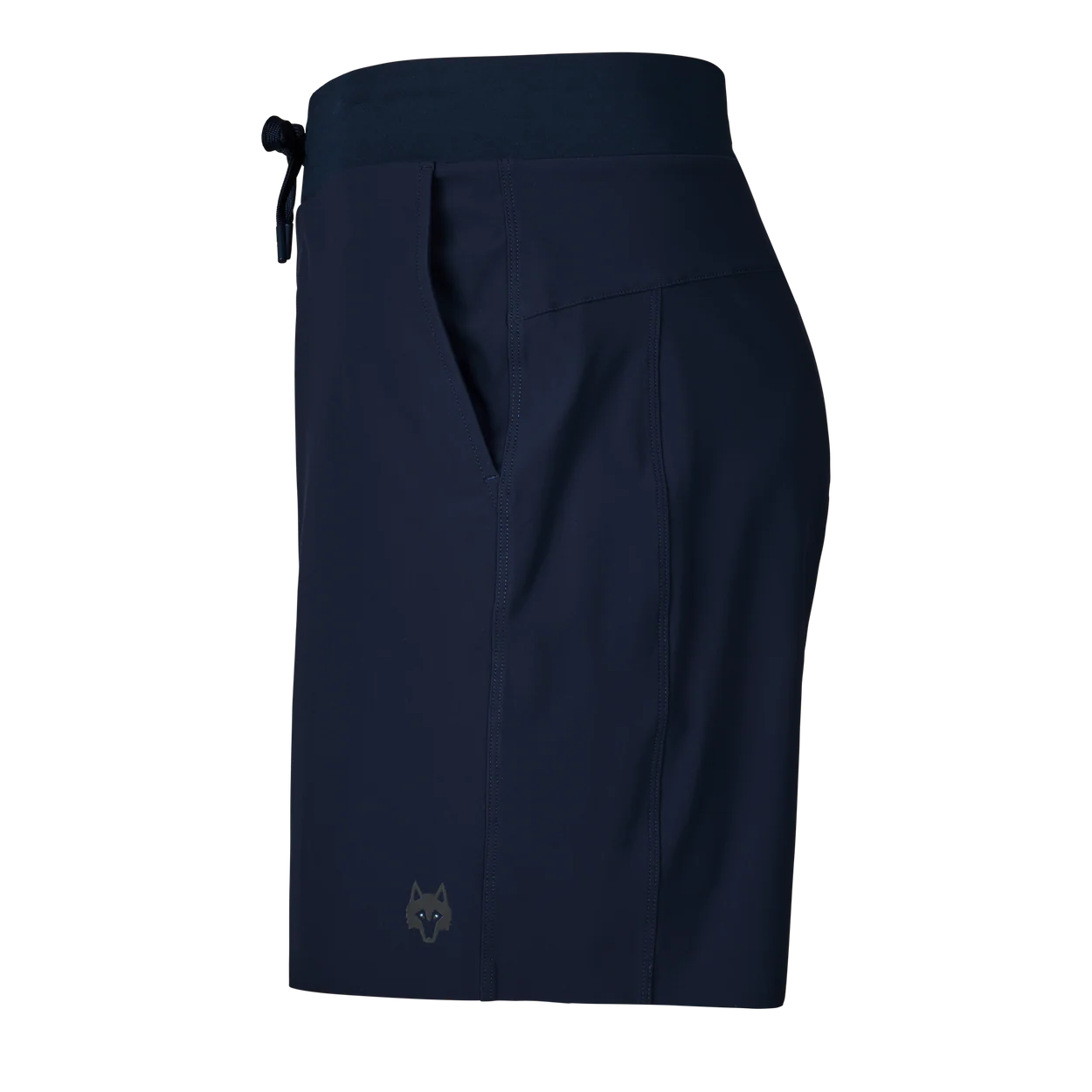Greyson navy blue athletic shorts with side pocket, drawstring waist, and small wolf logo detail.