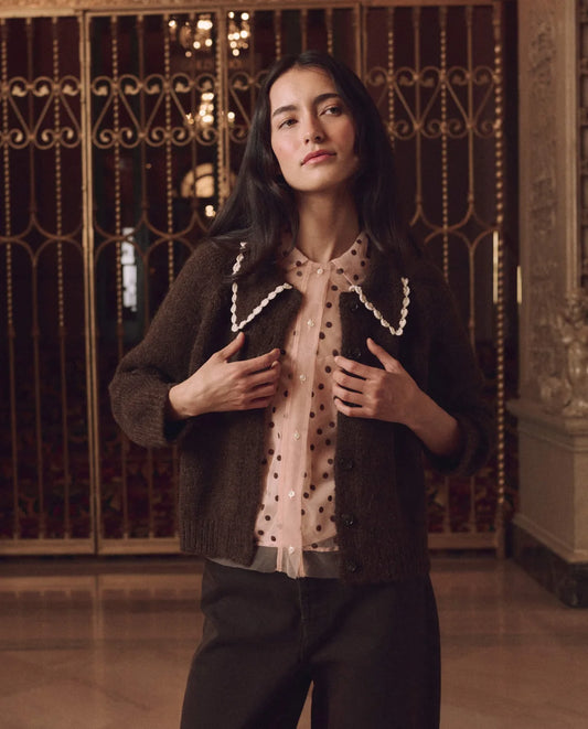 The GREAT The Crochet Collar Cardigan Chocolate Brown
