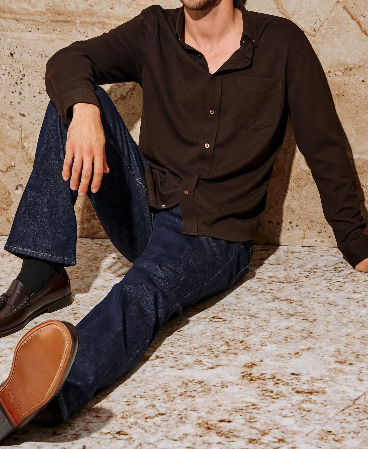 Man seated wearing Rails Vincent long sleeve shirt in dark espresso brown with blue jeans