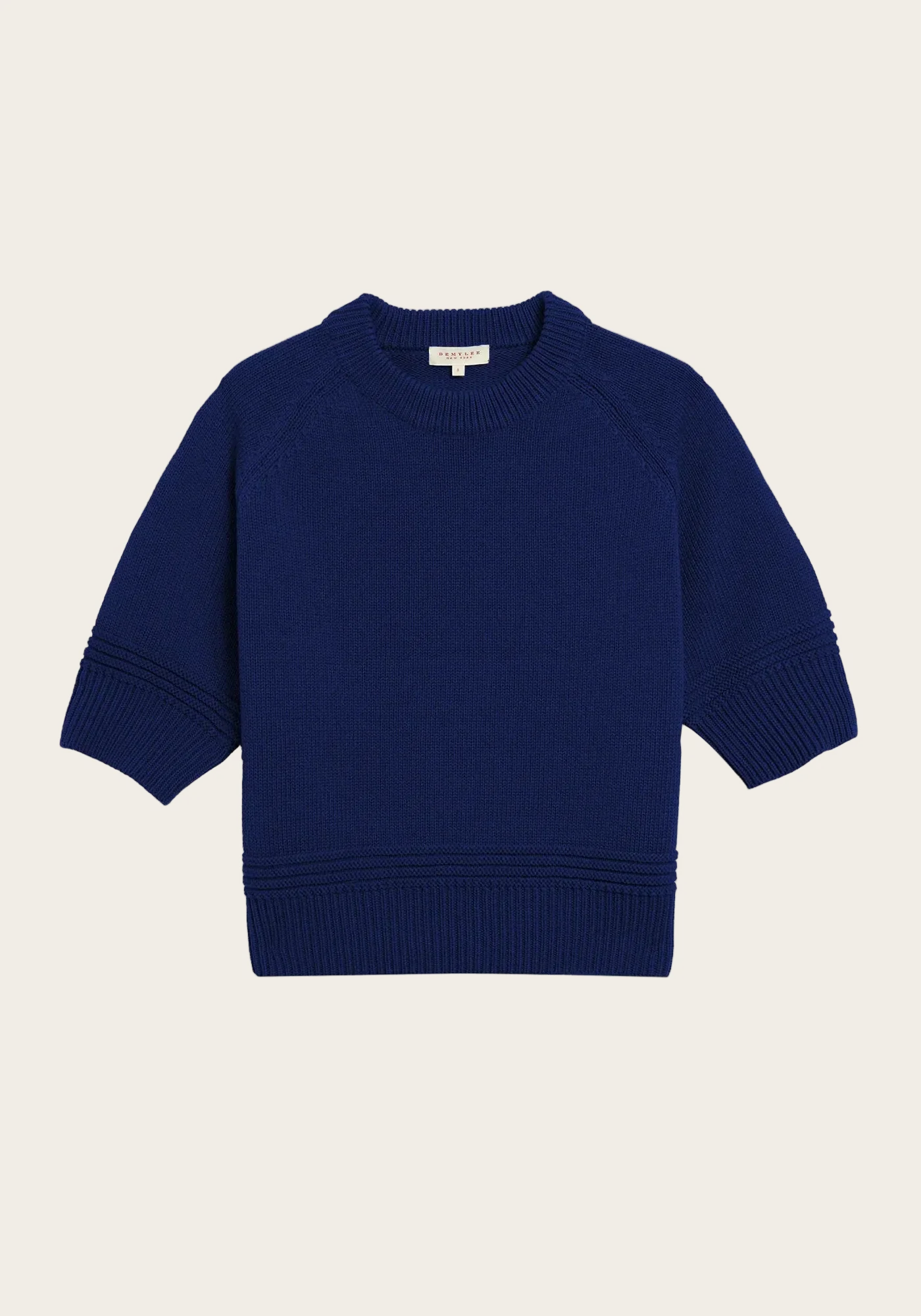 Demylee Daria short-sleeve cropped knit sweater in deep Baltic Blue with ribbed trim