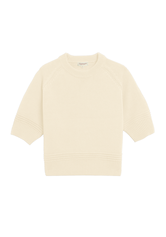 Demylee Daria short-sleeve cotton knit sweater in off-white cream with ribbed trim