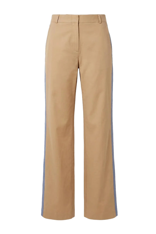 Le Superbe khaki wide-leg trousers with high waistband and tailored straight-leg silhouette displayed on white background.
