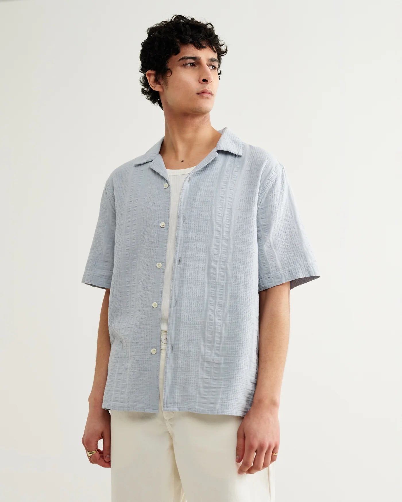 Wax London Didcot SS Shirt Dbl Weave Seersucker Blue