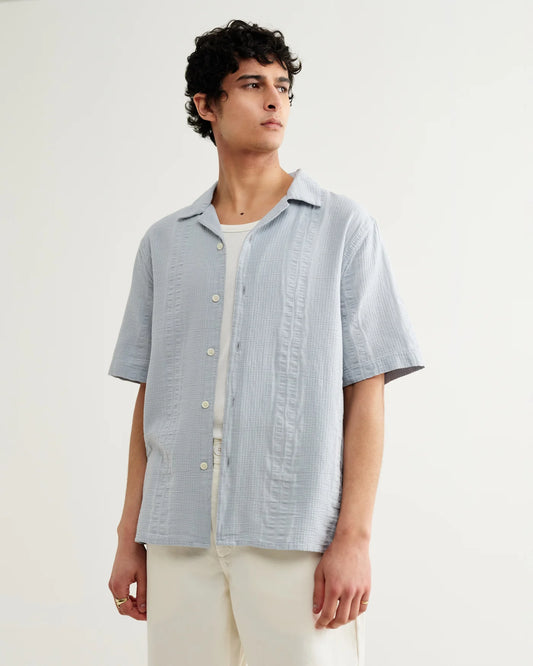 Wax London Didcot SS Shirt Dbl Weave Seersucker Blue