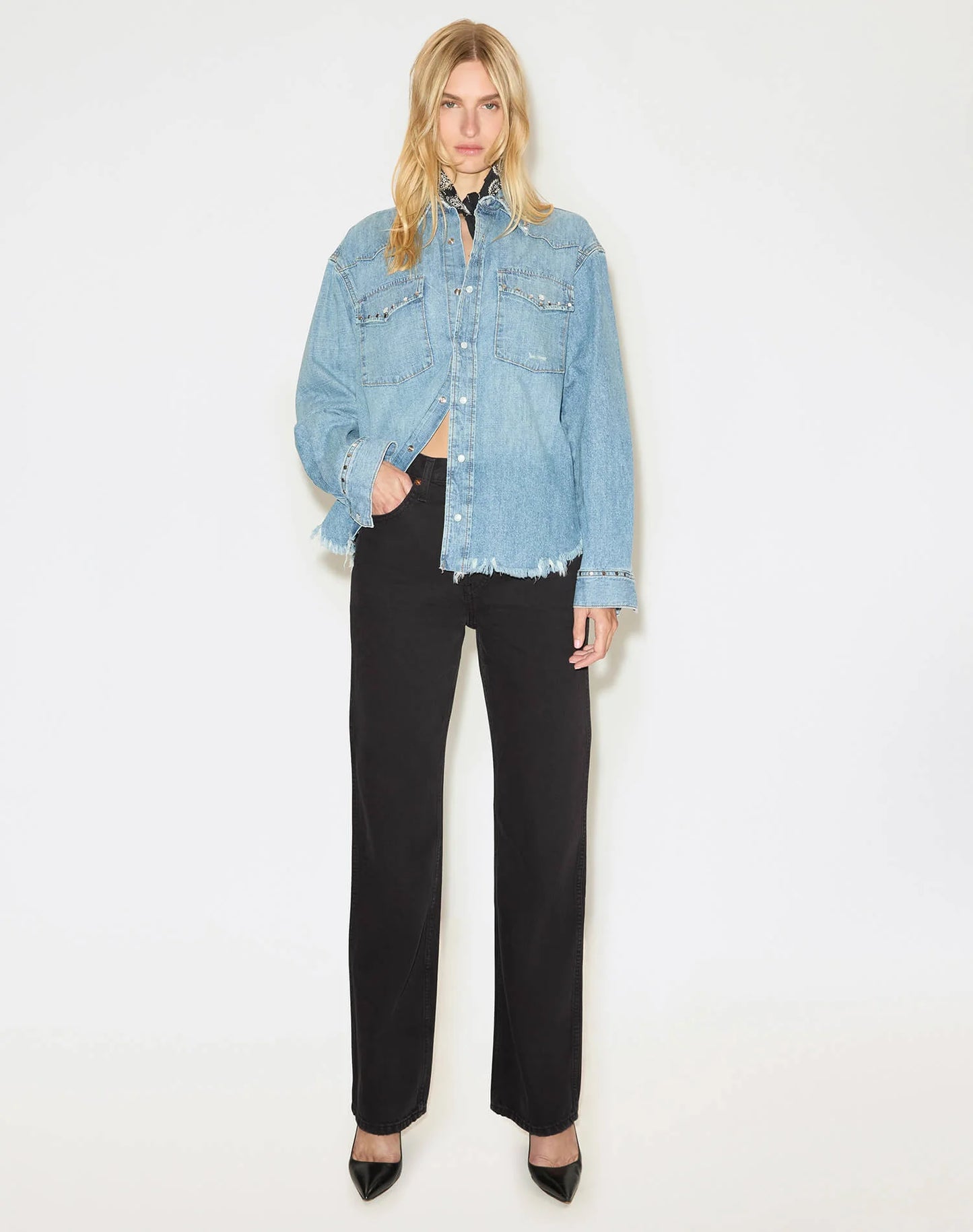 Re/Done Distressed Western Shirt Vintage Biker Blue Stud