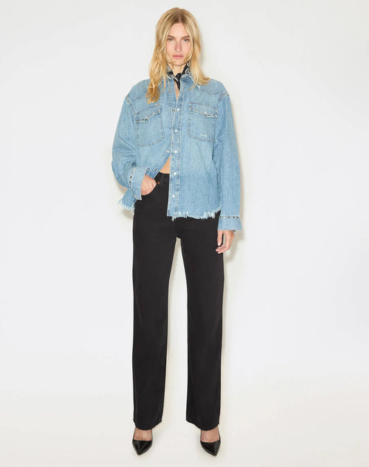 Re/Done Distressed Western Shirt Vintage Biker Blue Stud