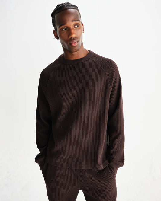 Wax London Riley Crew Waffle LS Dk Brown