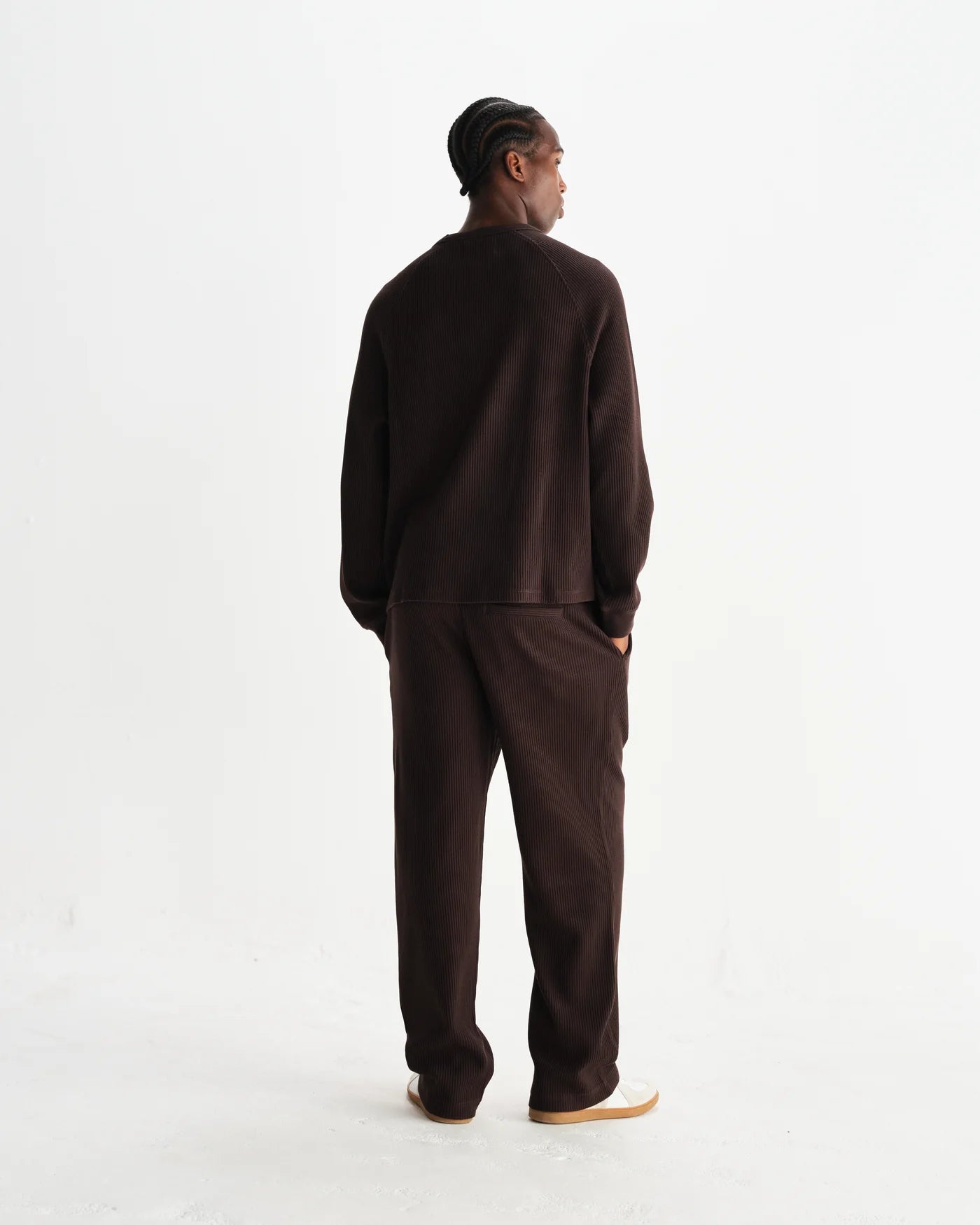 Wax London Riley Crew Waffle LS Dk Brown