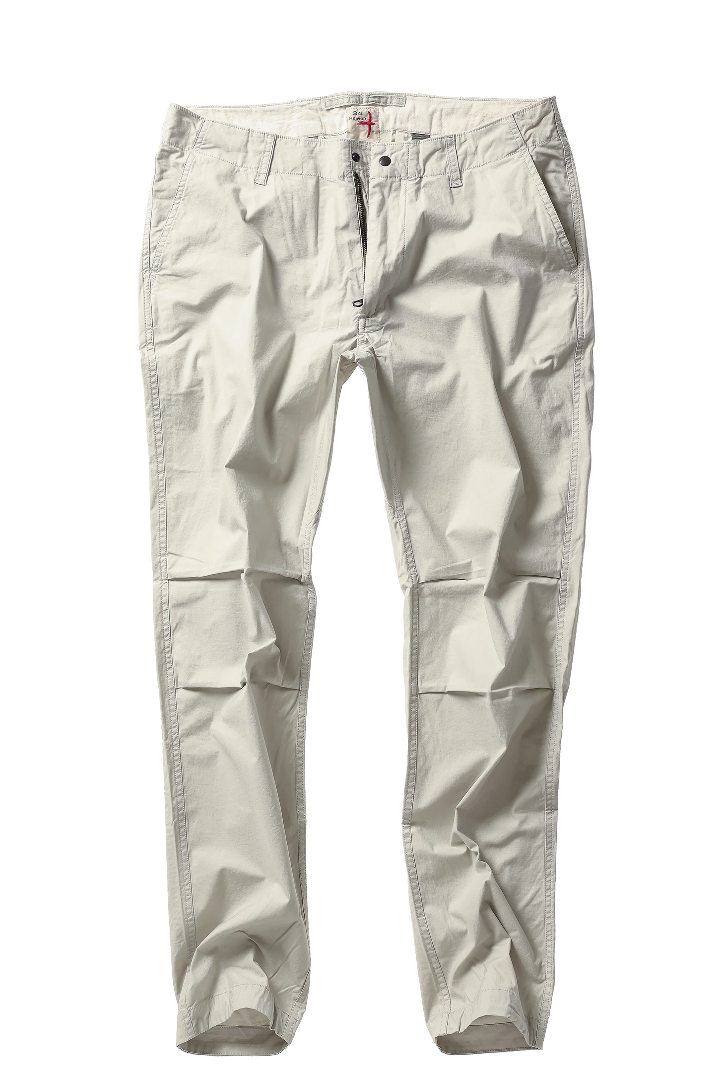 Relwen Flywt Flex chino pants in light khaki with classic straight leg styling and front button closure.