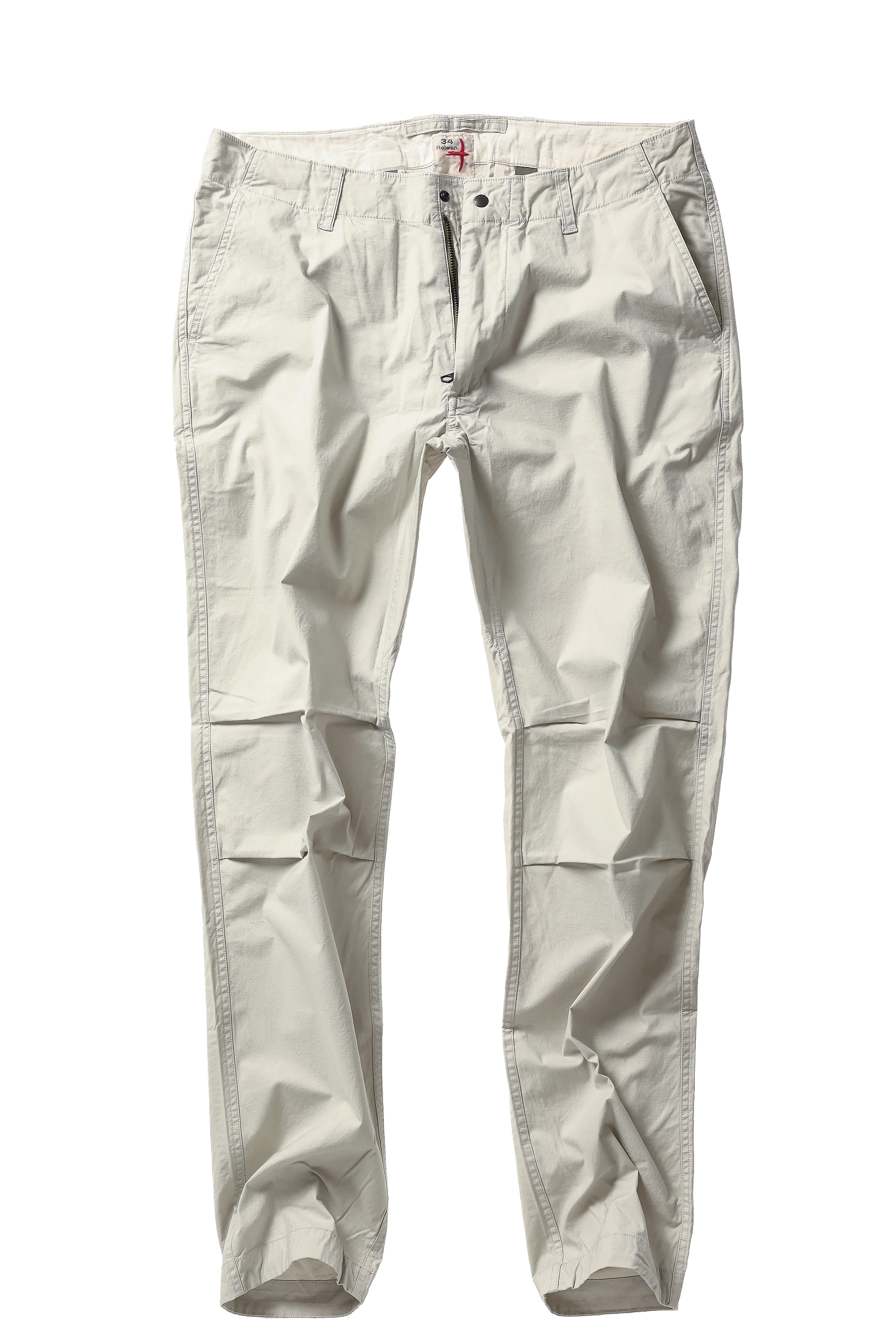 Relwen Flywt Flex chino pants in light khaki with classic straight leg styling and front button closure.
