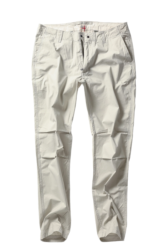 Relwen Flywt Flex chino pants in light khaki with classic straight leg styling and front button closure.
