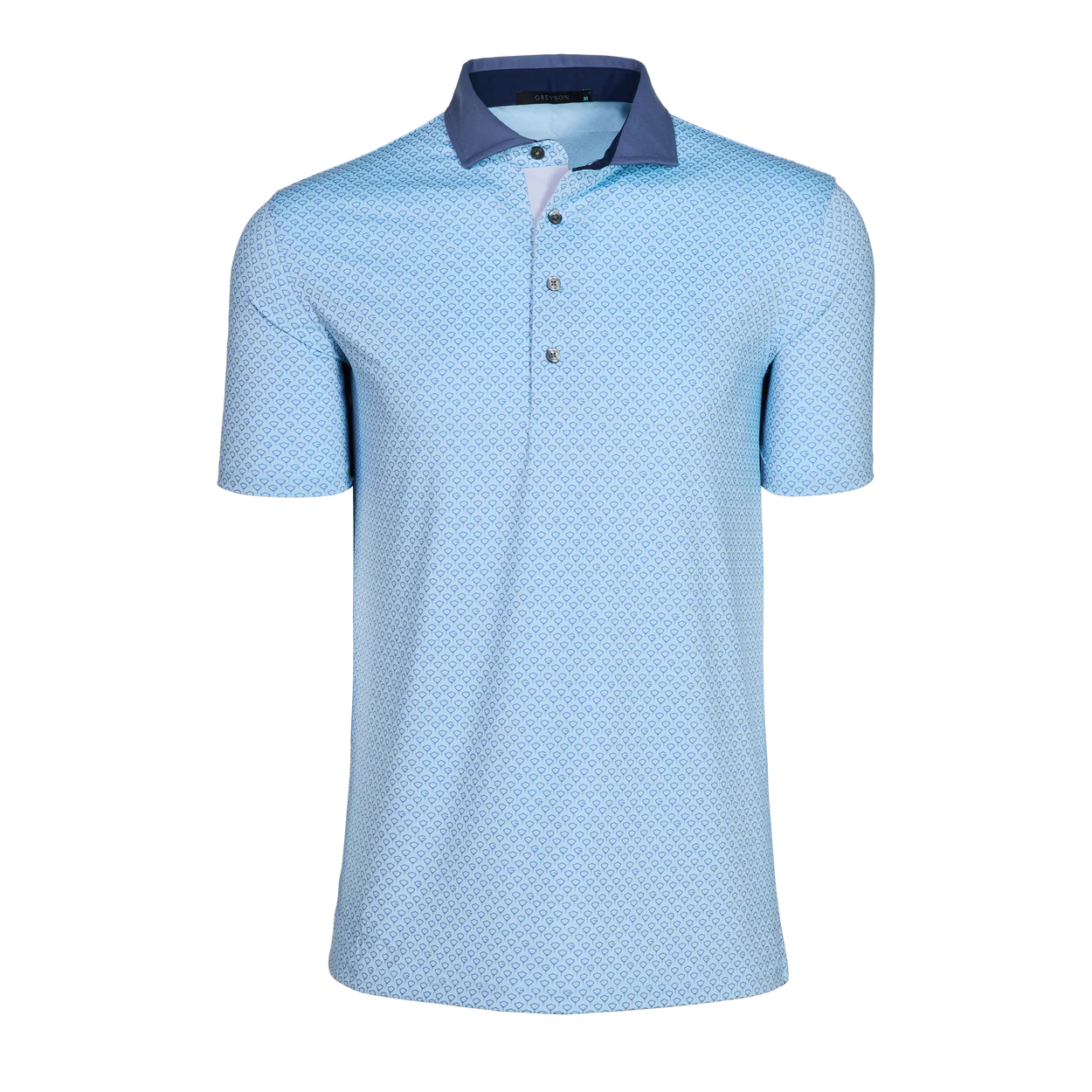 Greyson Drifter Polo in light blue with geometric pattern and contrasting dark blue collar