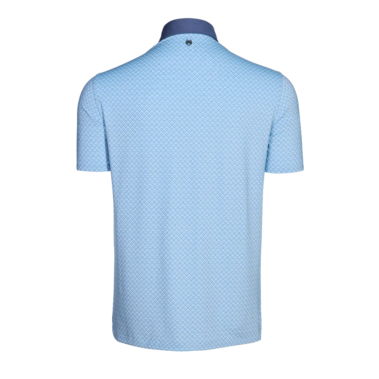 Back view of Greyson Drifter polo shirt featuring blue geometric pattern with contrasting dark collar trim.