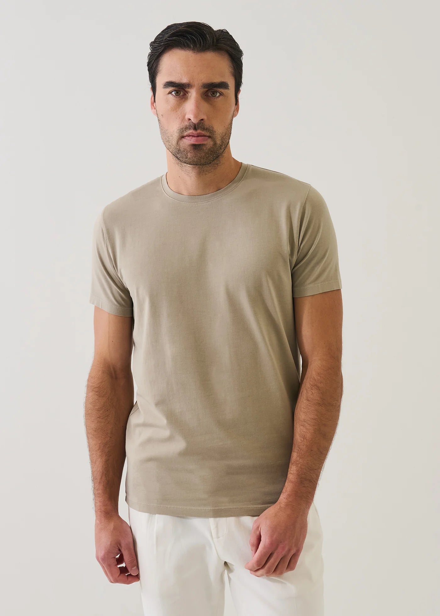 Patrick Assaraf men's short sleeve crew neck t-shirt in neutral tone, classic fit styling
